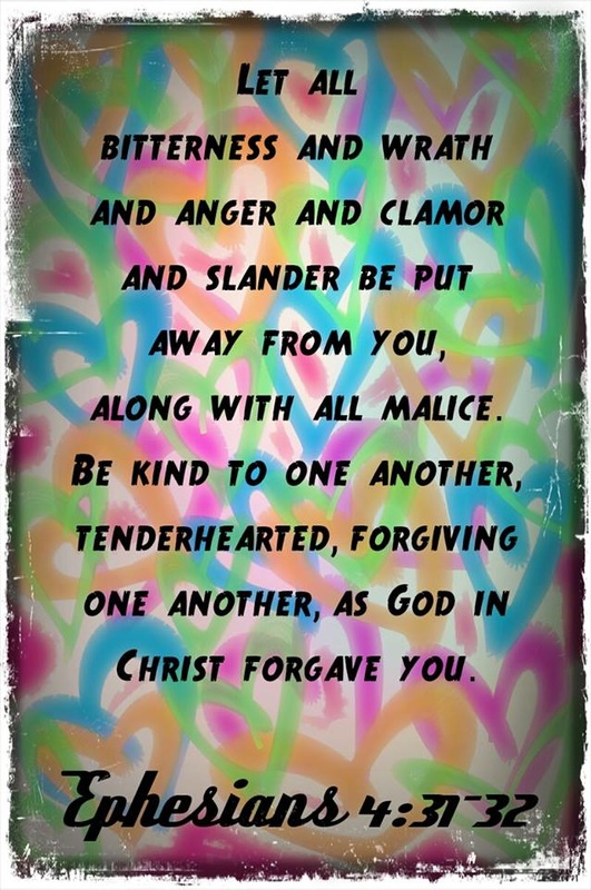 Let all bitterness and wrath and anger and clamor and slander be put away from you, along with all malice. Be kind to one another, tenderhearted, forgiving one another, as God in Christ forgave you. Ephesians 4:31-32 On hearts graphic by Lani Campbell