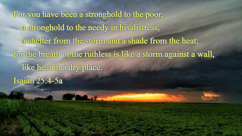 For you have been a stronghold to the poor, a stronghold to the needy in his distress, a shelter from the storm and a shade from the heat; for the breath of the ruthless is like a storm against a wall, 5 like heat in a dry place. You subdue the noise of the foreigners; as heat by the shade of a cloud, so the song of the ruthless is put down. Isaiah 25:4-5 Photo of Storm cloud over field at sunset by Denise Hogan