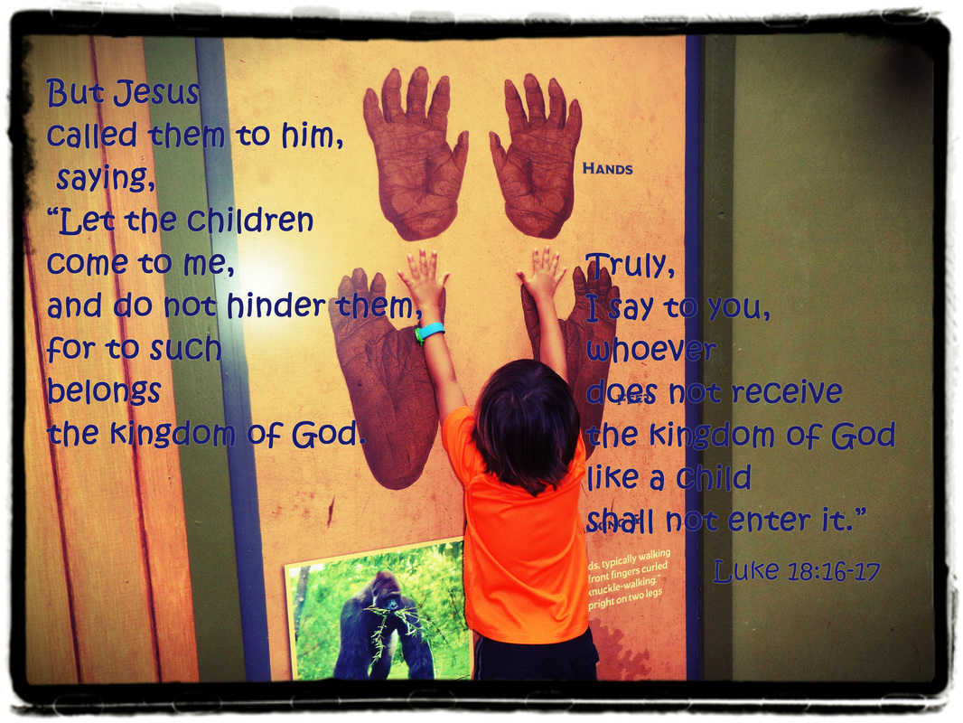 But Jesus called them to him, saying, “Let the children come to me, and do not hinder them, for to such belongs the kingdom of God.  Truly, I say to you, whoever does not receive the kingdom of God like a child shall not enter it.” Luke 18:16-17 On Photo of Boy Reaching to be Taller by Donna Campbell