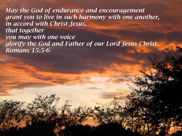 May the God of endurance and encouragement grant you to live in such harmony with one another, in accord with Christ Jesus, that together you may with one voice glorify the God and Father of our Lord Jesus Christ. Romans 15:5-6