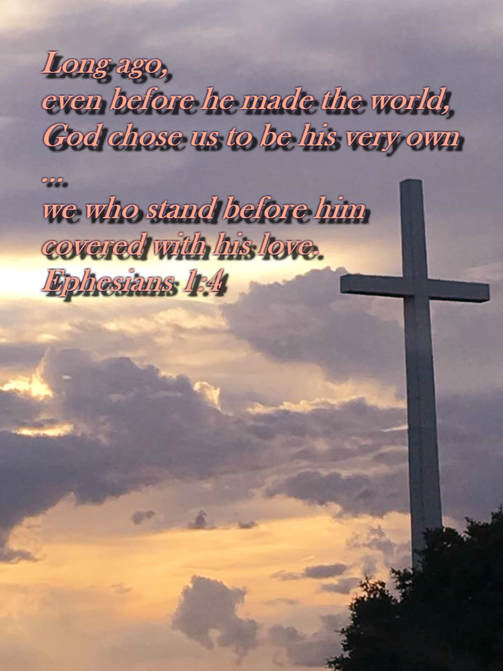 Long ago, even before he made the world, God chose us to be his very own through what Christ would do for us; he decided then to make us holy in his eyes, without a single fault--we who stand before him covered with his love. Ephesians 1:4 