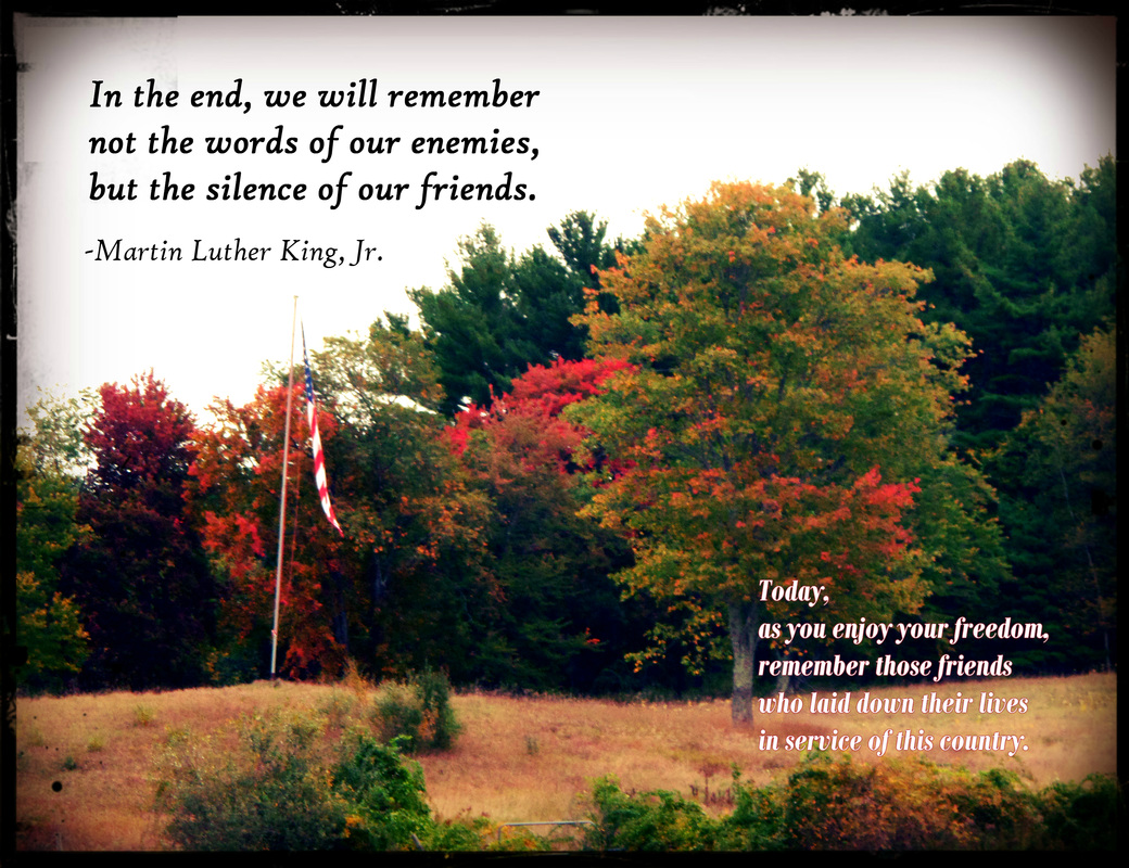 In the end, we will remember not the words of our enemies, but the silence of our friends.  -Martin Luther King, Jr. Today, as you enjoy your freedom, remember those friends who laid down their lives in service of this country. Greater love has no one than this, that someone lay down his life for his friends. John 15:13
