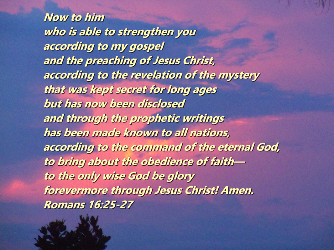 Romans 16:25-27 On Photo of Violet and Pink Sky at Sunset by Lani Campbell
