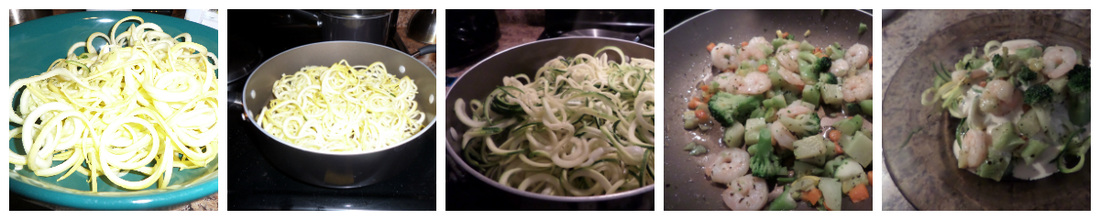Shrimp and Summer Squash and Zucchini Vegetable “Spaghetti” Alfredo veghetti recipe 1. Spiral Squash and Zucchini 2. Saute Squash 3. Add Zucchini 4. Saute shrimp in separate pan 5. Serve with Alfredo Sauce