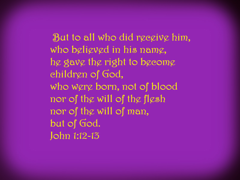  But to all who did receive him, who believed in his name, he gave the right to become children of God, who were born, not of blood nor of the will of the flesh nor of the will of man, but of God. John 1:12-13