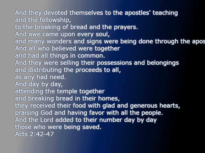 And they devoted themselves to the apostles' teaching and the fellowship, to the breaking of bread and the prayers. And awe came upon every soul, and many wonders and signs were being done through the apostles. And all who believed were together and had all things in common. And they were selling their possessions and belongings and distributing the proceeds to all, as any had need.  And day by day, attending the temple together and breaking bread in their homes, they received their food with glad and generous hearts, praising God and having favor with all the people. And the Lord added to their number day by day those who were being saved. Acts 2:42-47