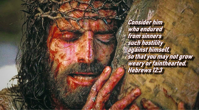 Consider him who endured from sinners such hostility against himself, so that you may not grow weary or fainthearted. Hebrews 12:3 on still from Passion of the Christ